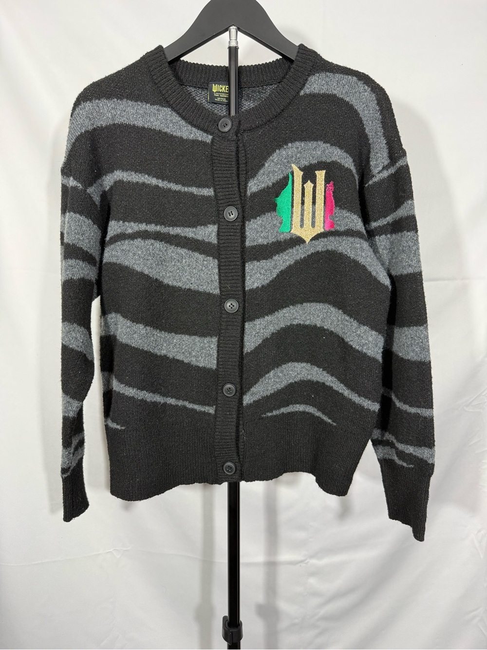 Wicked Paul Tazewell Black Gray Striped Knit Cardigan Sweater Medium